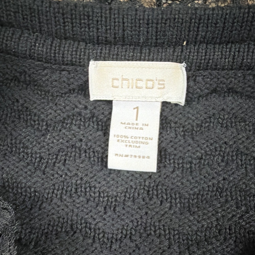 Chicos Black Textured Knit Jacket Leopard Print Trim Hook Eye Cardigan size 1 - Picture 3 of 8